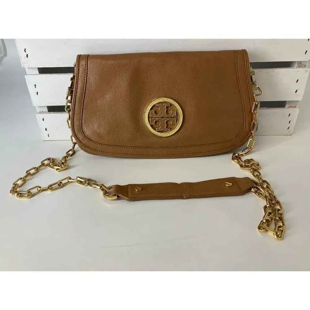 TORY BURCH SMALL LIGHT BROWN PEBBLED LEATHER CROSSBODY BAG